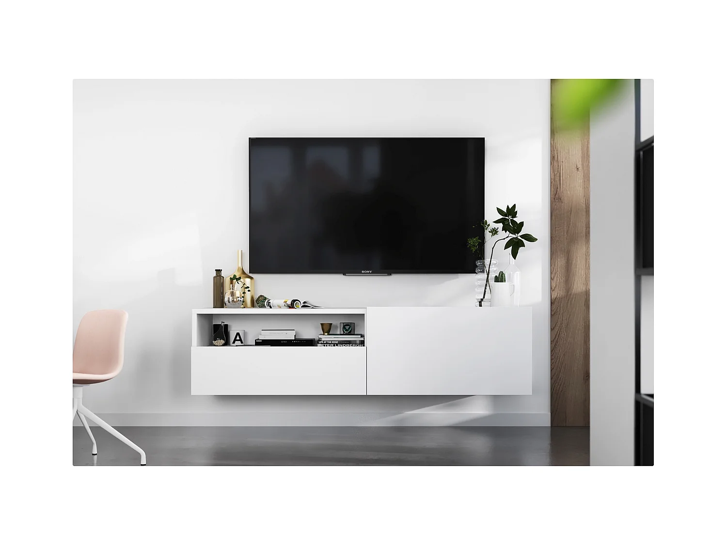 Meuble TV suspendu avec 1 portes et niche, tiroir - corps Blanc mat, façades Blanc mat - 120 cm
