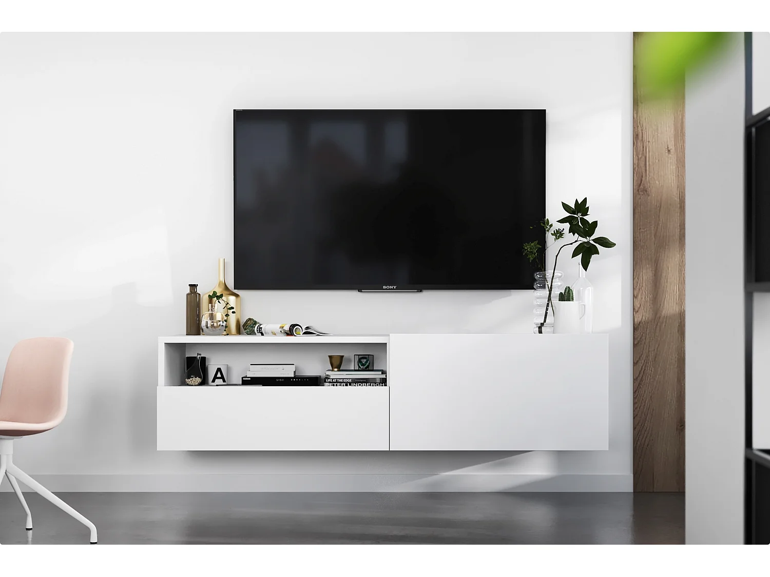 Meuble TV suspendu avec 1 portes et niche, tiroir - corps Blanc mat, façades Blanc mat - 120 cm