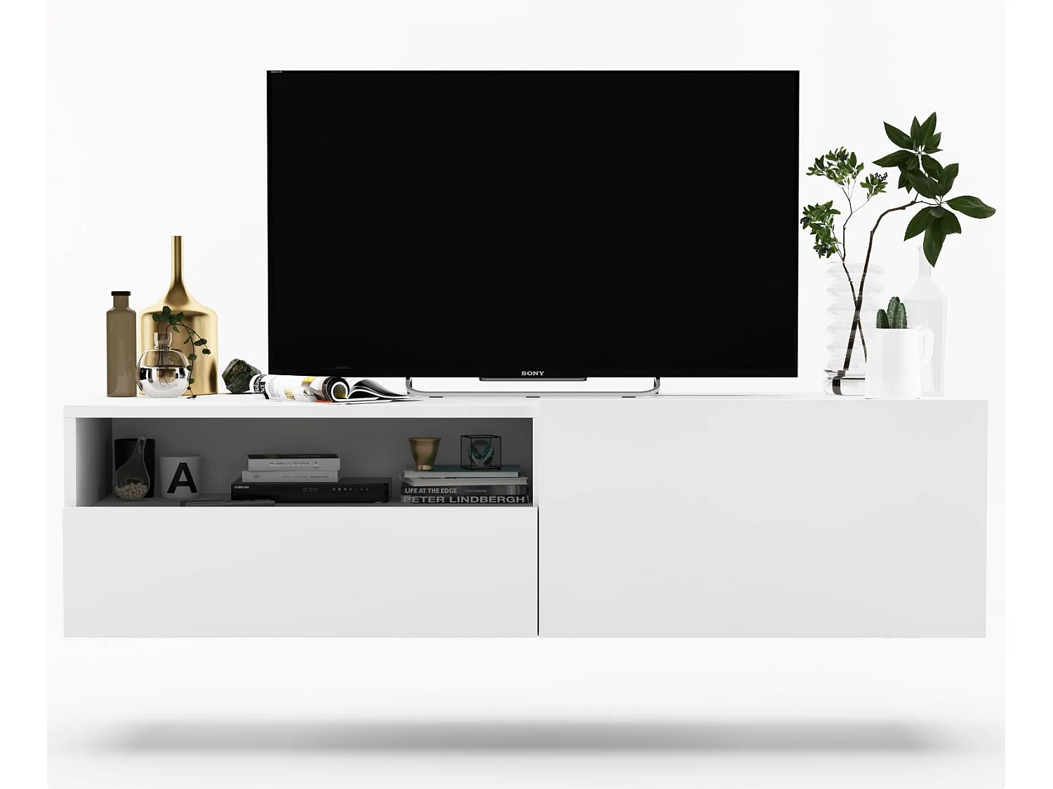 Meuble TV suspendu avec 1 portes et niche, tiroir - corps Blanc mat, façades Blanc mat - 120 cm