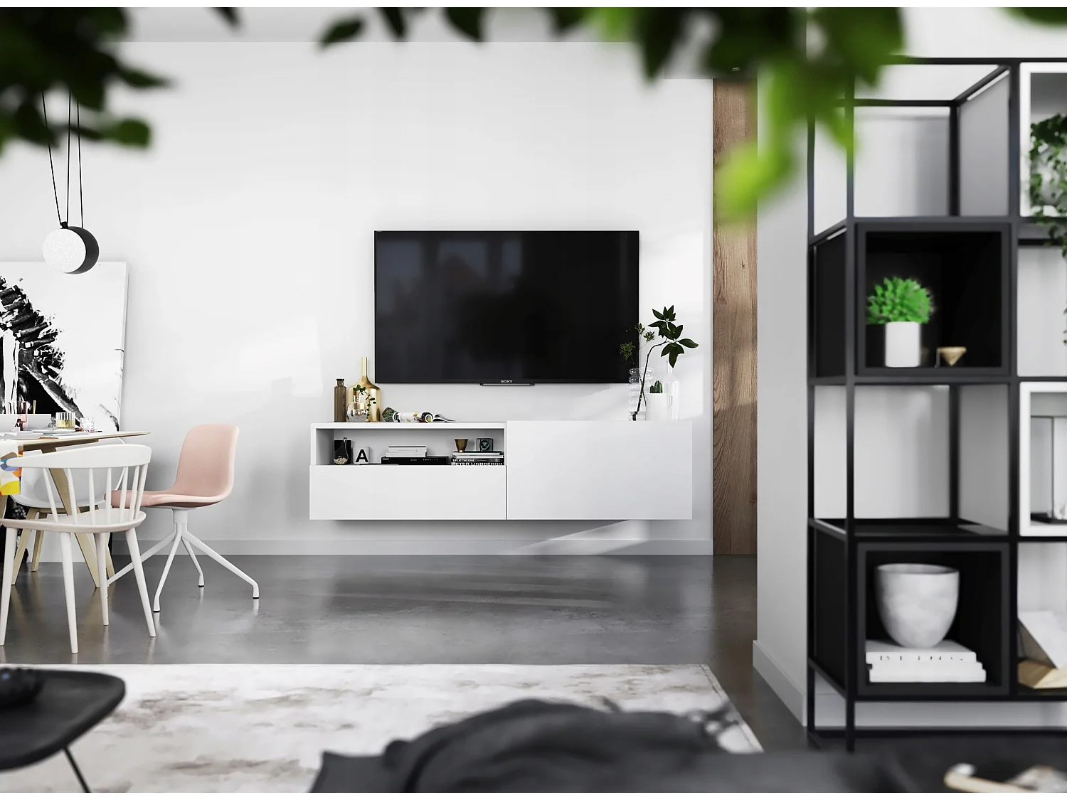 Meuble TV suspendu avec 1 portes et niche, tiroir - corps Blanc mat, façades Blanc mat - 120 cm