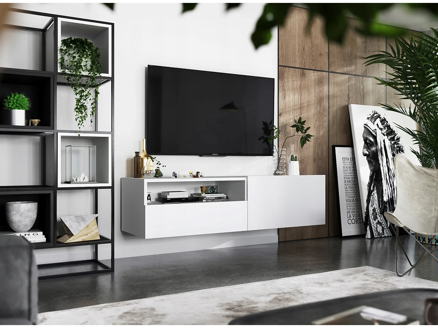 Meuble TV suspendu avec 1 portes et niche, tiroir - corps Blanc mat, façades Blanc mat - 120 cm