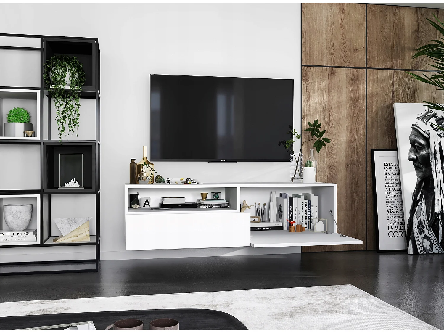 Meuble TV suspendu avec 1 portes et niche, tiroir - corps Blanc mat, façades Blanc mat - 120 cm