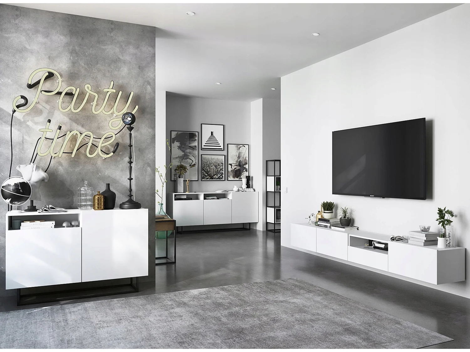 Meuble TV suspendu avec 1 portes et niche, tiroir - corps Blanc mat, façades Blanc mat - 120 cm