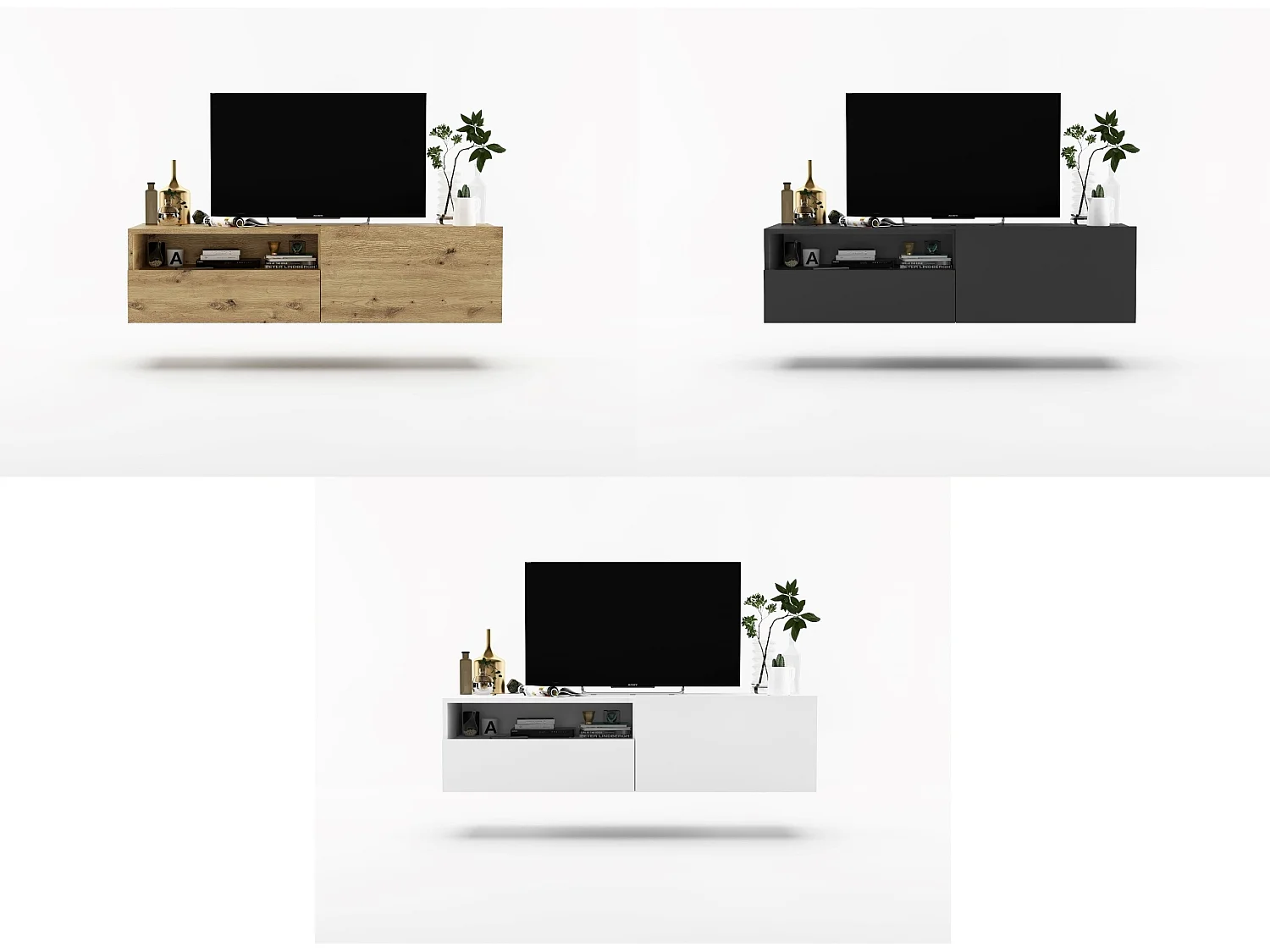 Meuble TV suspendu avec 1 portes et niche, tiroir - corps Blanc mat, façades Blanc mat - 120 cm