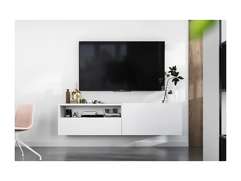 Meuble TV suspendu avec 1 portes et niche, tiroir - corps Blanc mat, façades Blanc mat - 120 cm