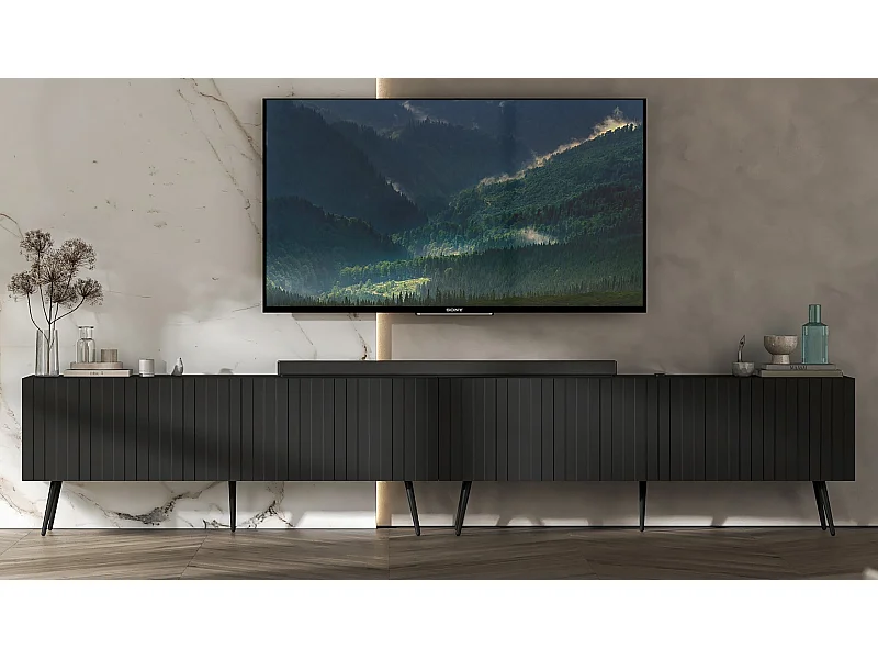 Meuble TV avec 8 portes - Corps Noir mat, façades rainurées Noir mat - 300 cm, pieds noirs