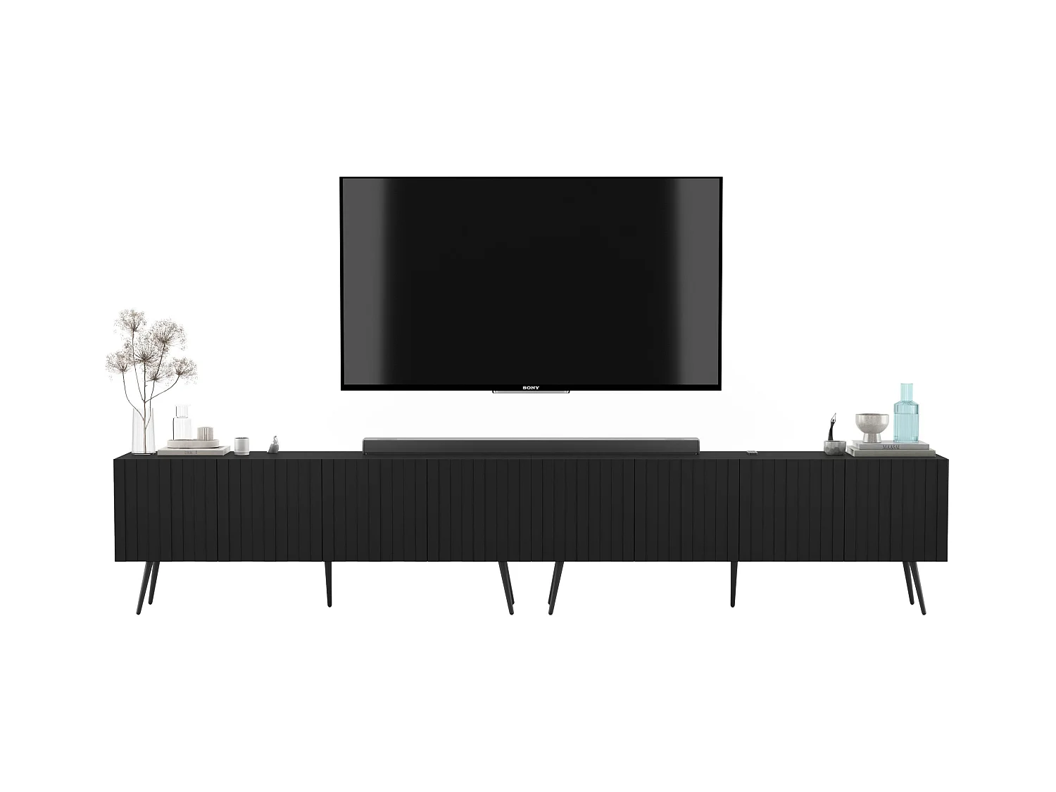 Meuble TV avec 8 portes - Corps Noir mat, façades rainurées Noir mat - 300 cm, pieds noirs