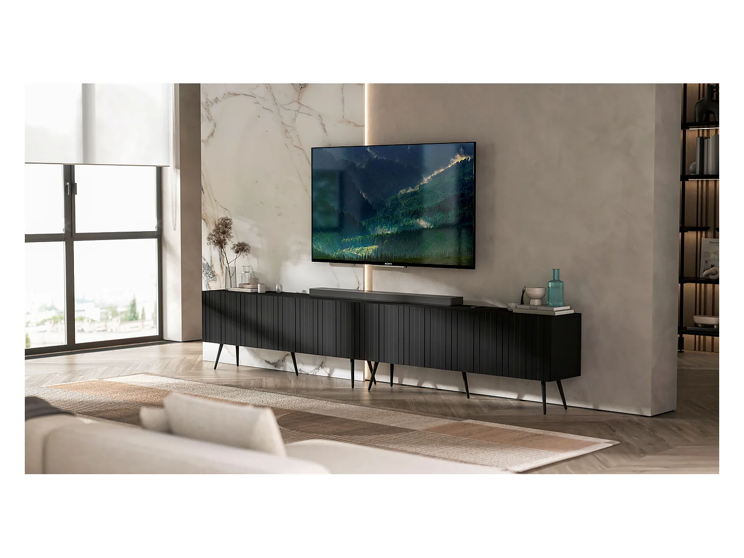 Meuble TV avec 8 portes - Corps Noir mat, façades rainurées Noir mat - 300 cm, pieds noirs