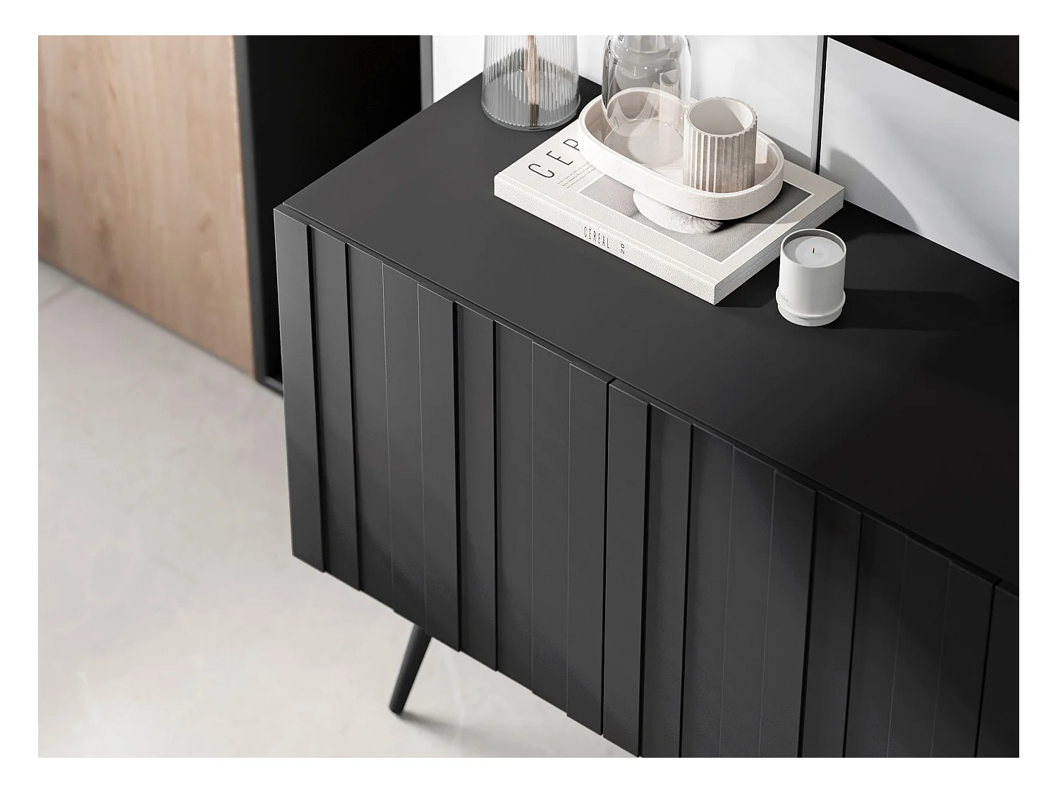 Meuble TV avec 8 portes - Corps Noir mat, façades rainurées Noir mat - 300 cm, pieds noirs