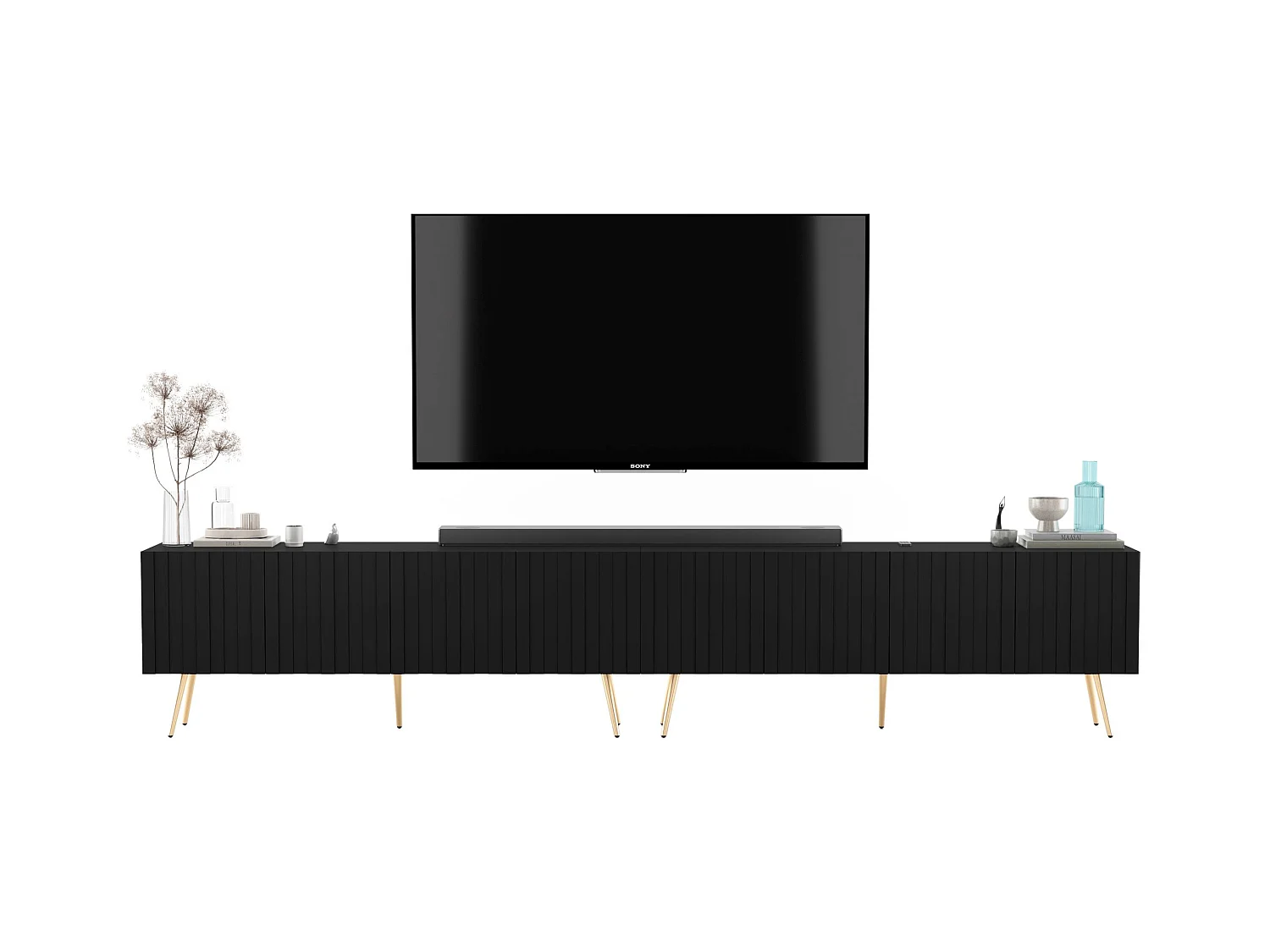 Meuble TV avec 8 portes - Corps Noir mat, façades rainurées Noir mat - 300 cm, pieds noirs