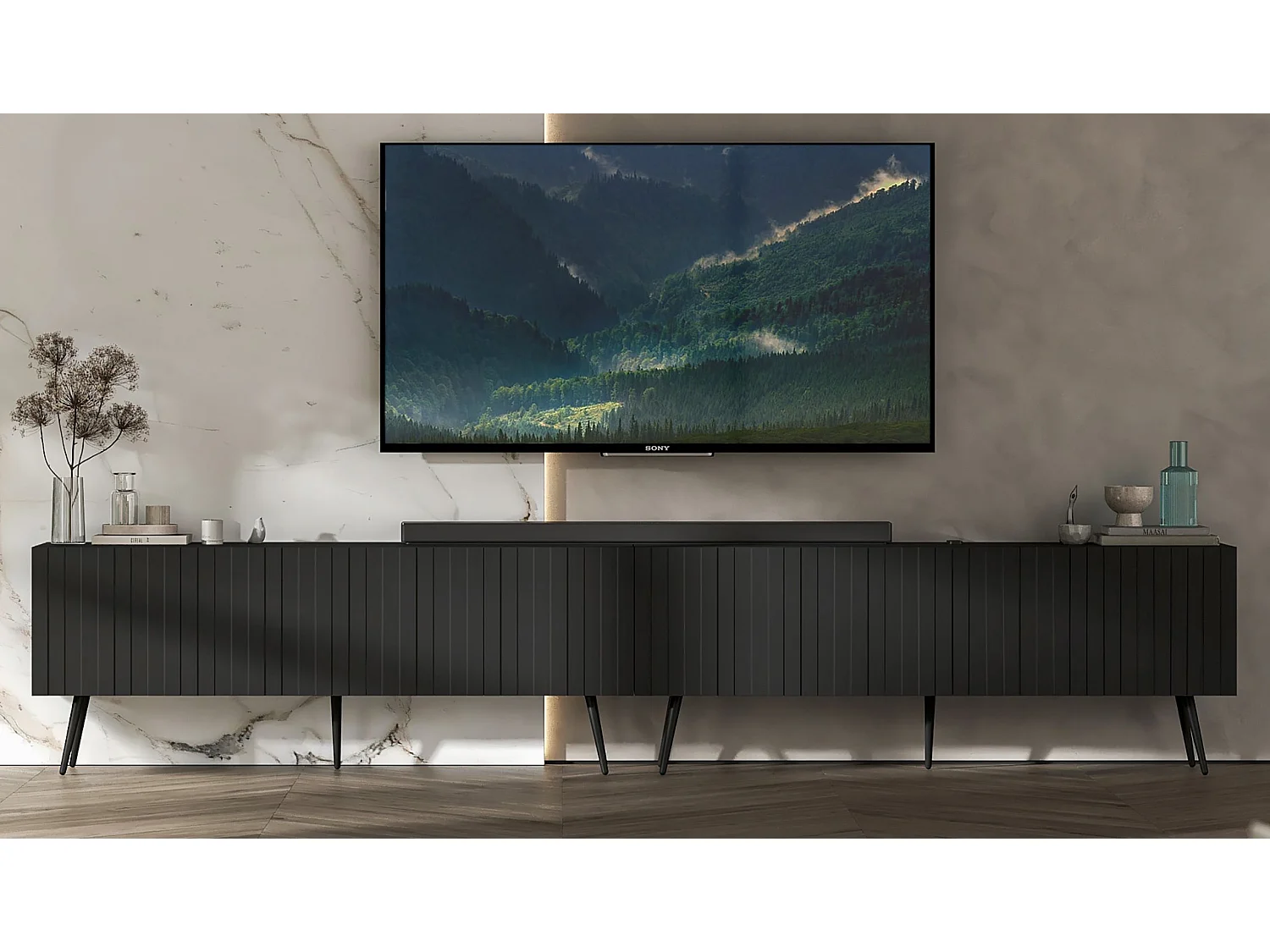 Meuble TV avec 8 portes - Corps Noir mat, façades rainurées Noir mat - 300 cm, pieds noirs