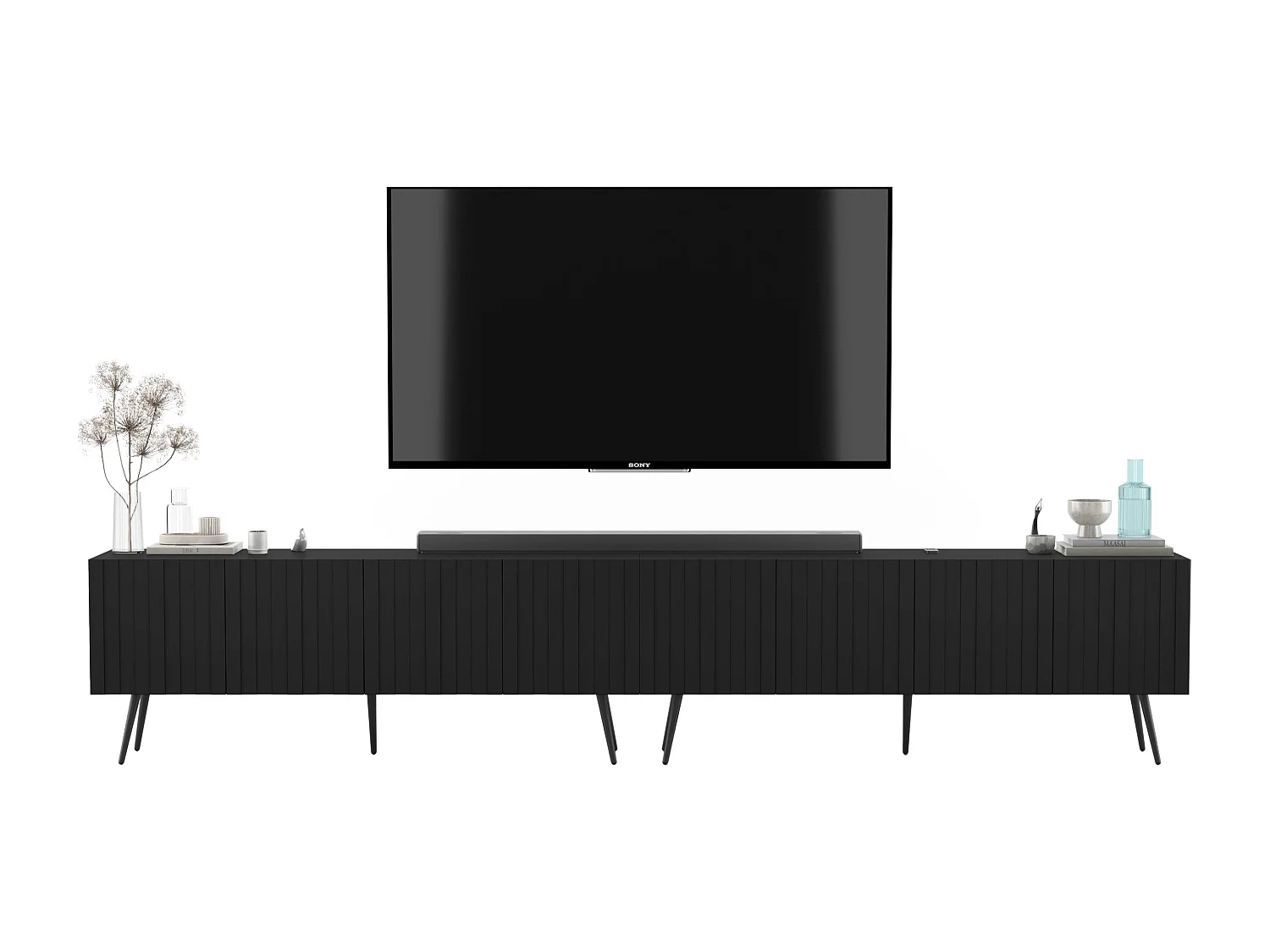 Meuble TV avec 8 portes - Corps Noir mat, façades rainurées Noir mat - 300 cm, pieds noirs