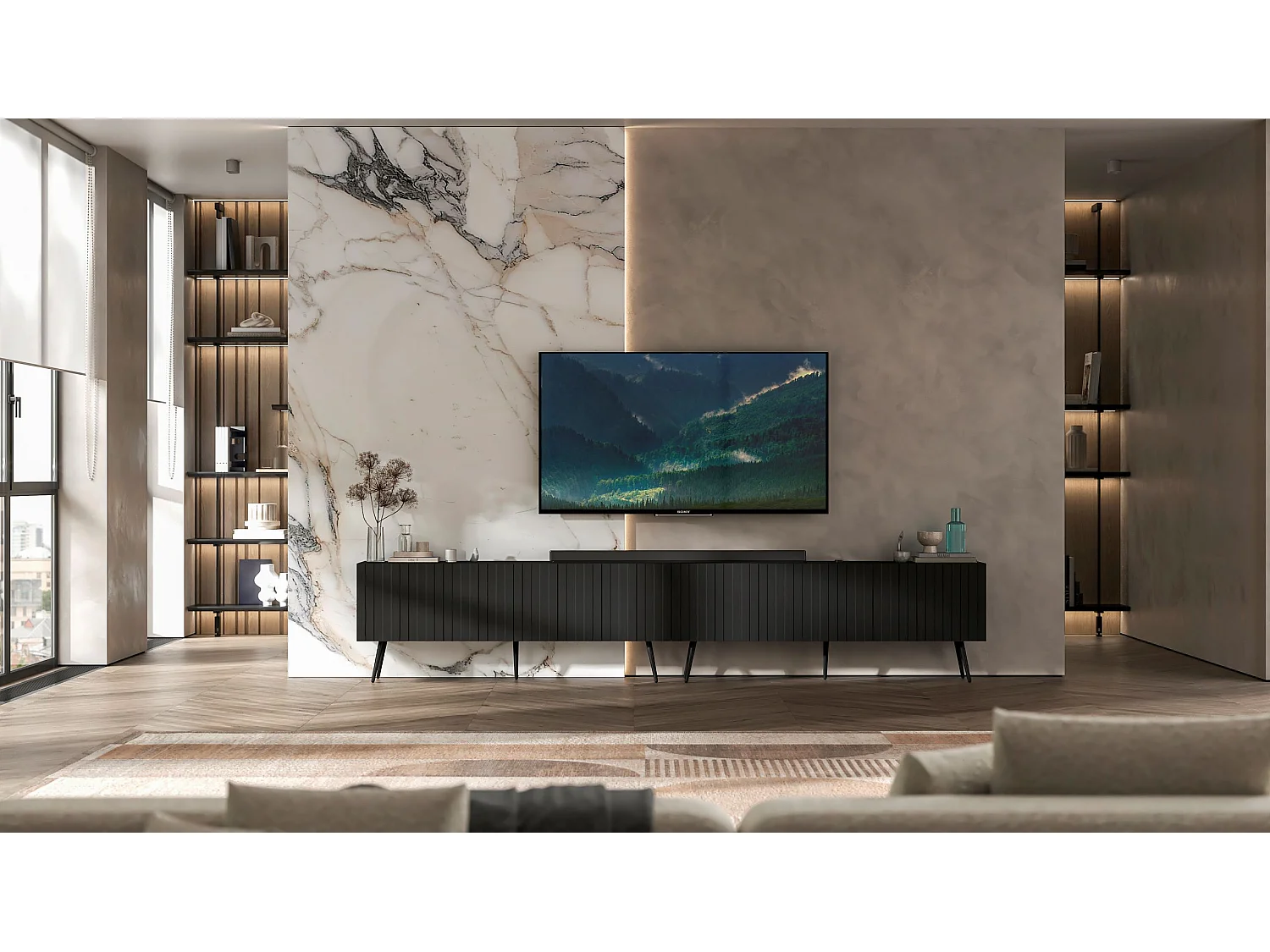 Meuble TV avec 8 portes - Corps Noir mat, façades rainurées Noir mat - 300 cm, pieds noirs