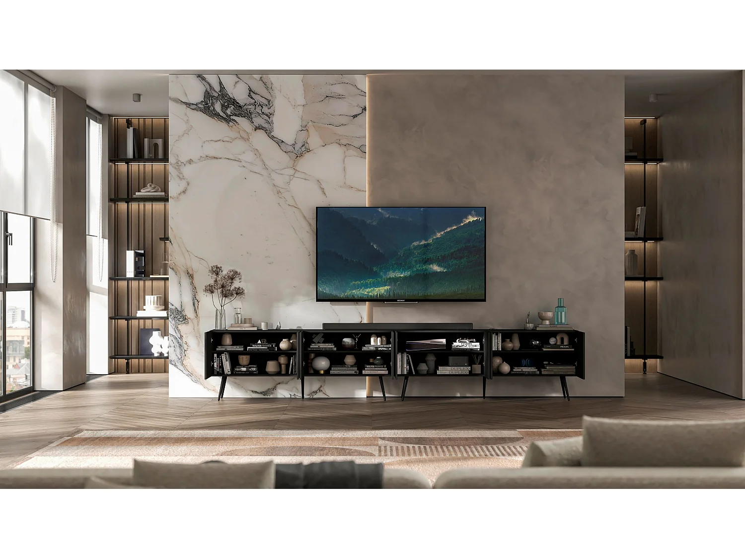 Meuble TV avec 8 portes - Corps Noir mat, façades rainurées Noir mat - 300 cm, pieds noirs