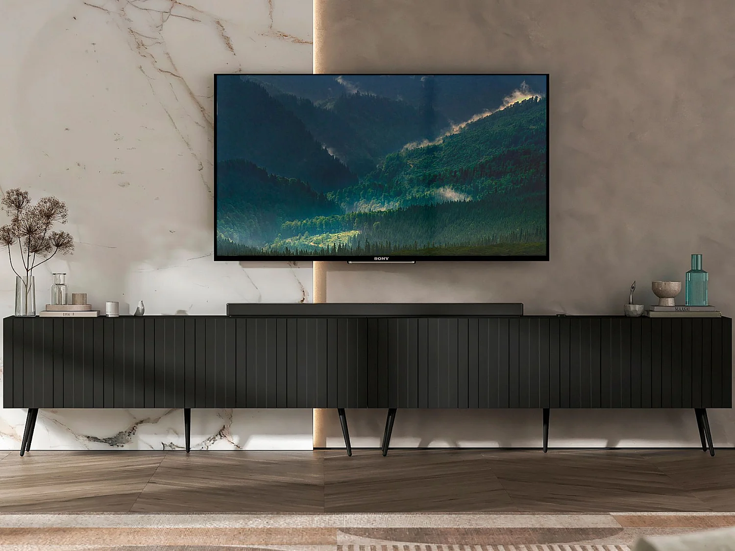 TV-meubel met 8 deuren - Corpus mat zwart, geribbelde fronten mat zwart - 300 cm, zwarte poten