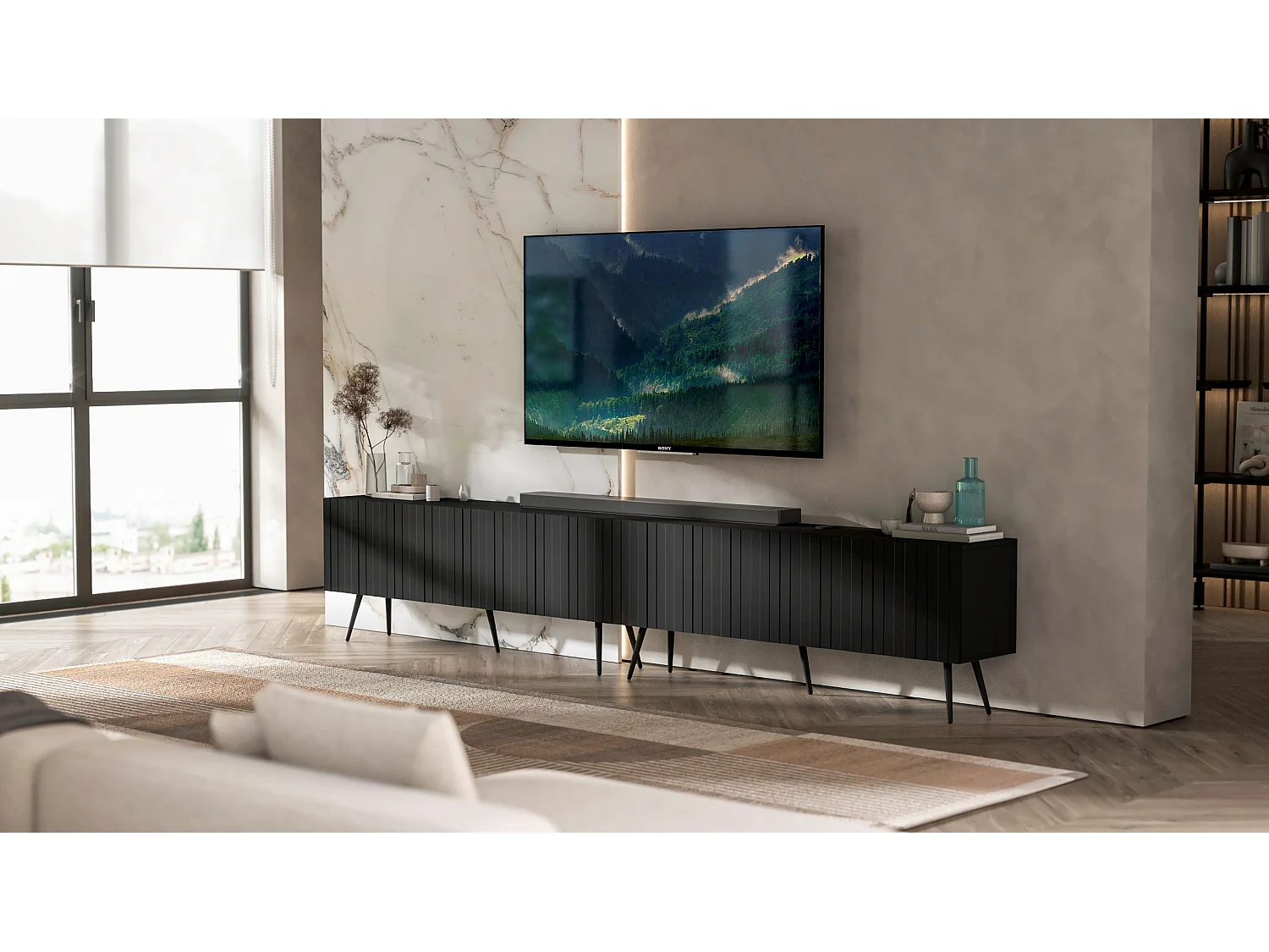 TV-meubel met 8 deuren - Corpus mat zwart, geribbelde fronten mat zwart - 300 cm, zwarte poten