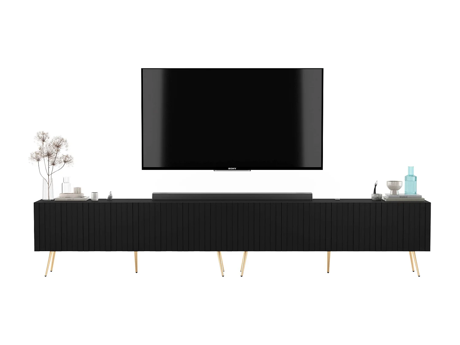 TV-meubel met 8 deuren - Corpus mat zwart, geribbelde fronten mat zwart - 300 cm, zwarte poten