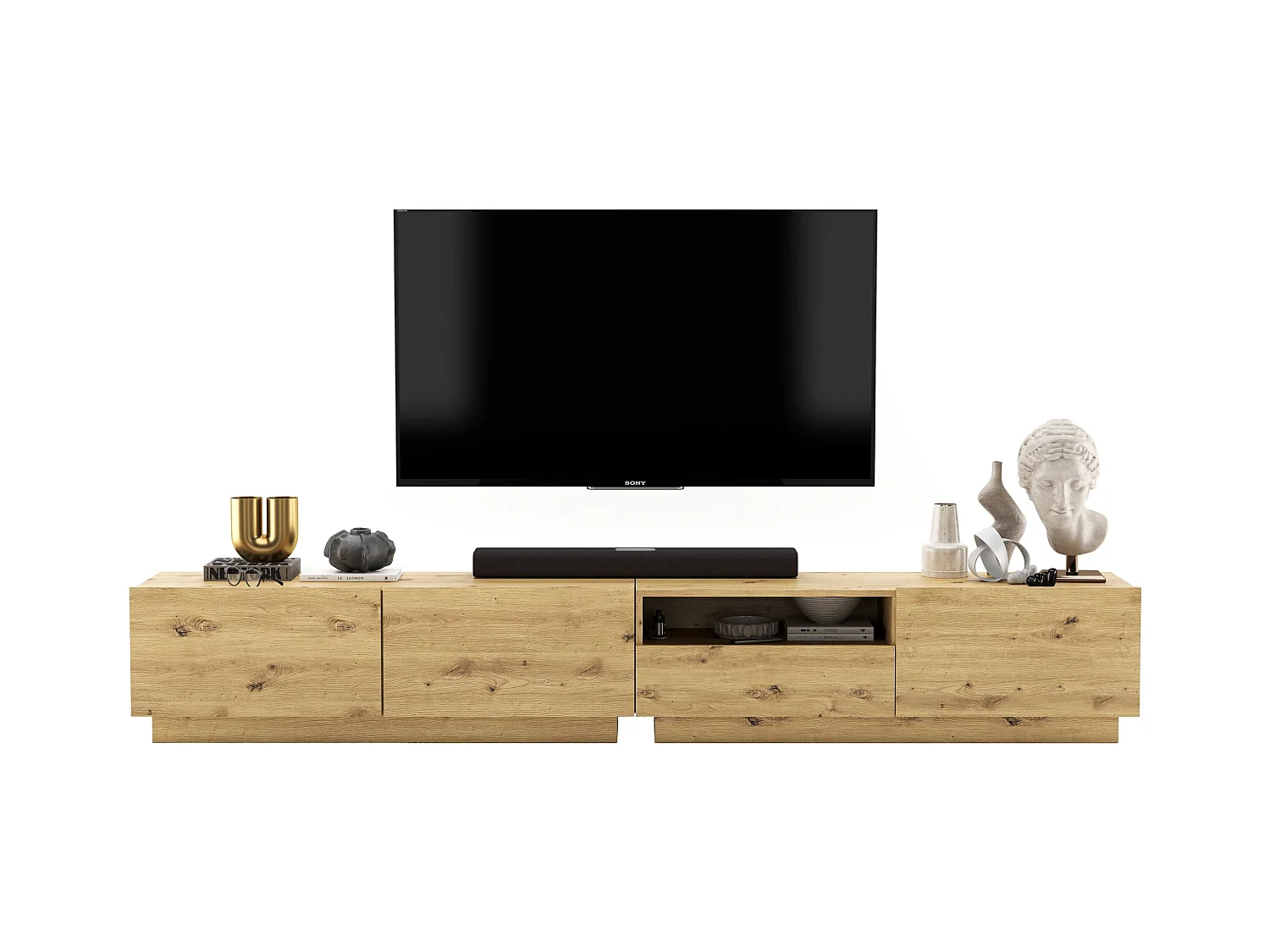 Meuble TV avec 3 portes et niche, tiroir - corps Artisan Chêne mat, façades Artisan Chêne mat - 240 cm, sur socle