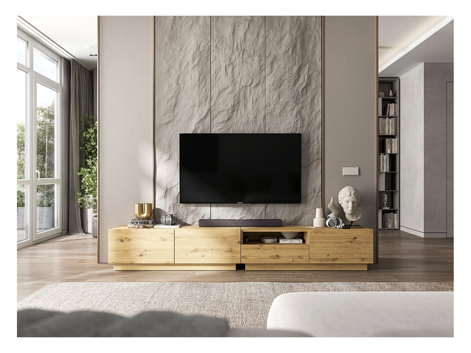 Meuble TV avec 3 portes et niche, tiroir - corps Artisan Chêne mat, façades Artisan Chêne mat - 240 cm, sur socle