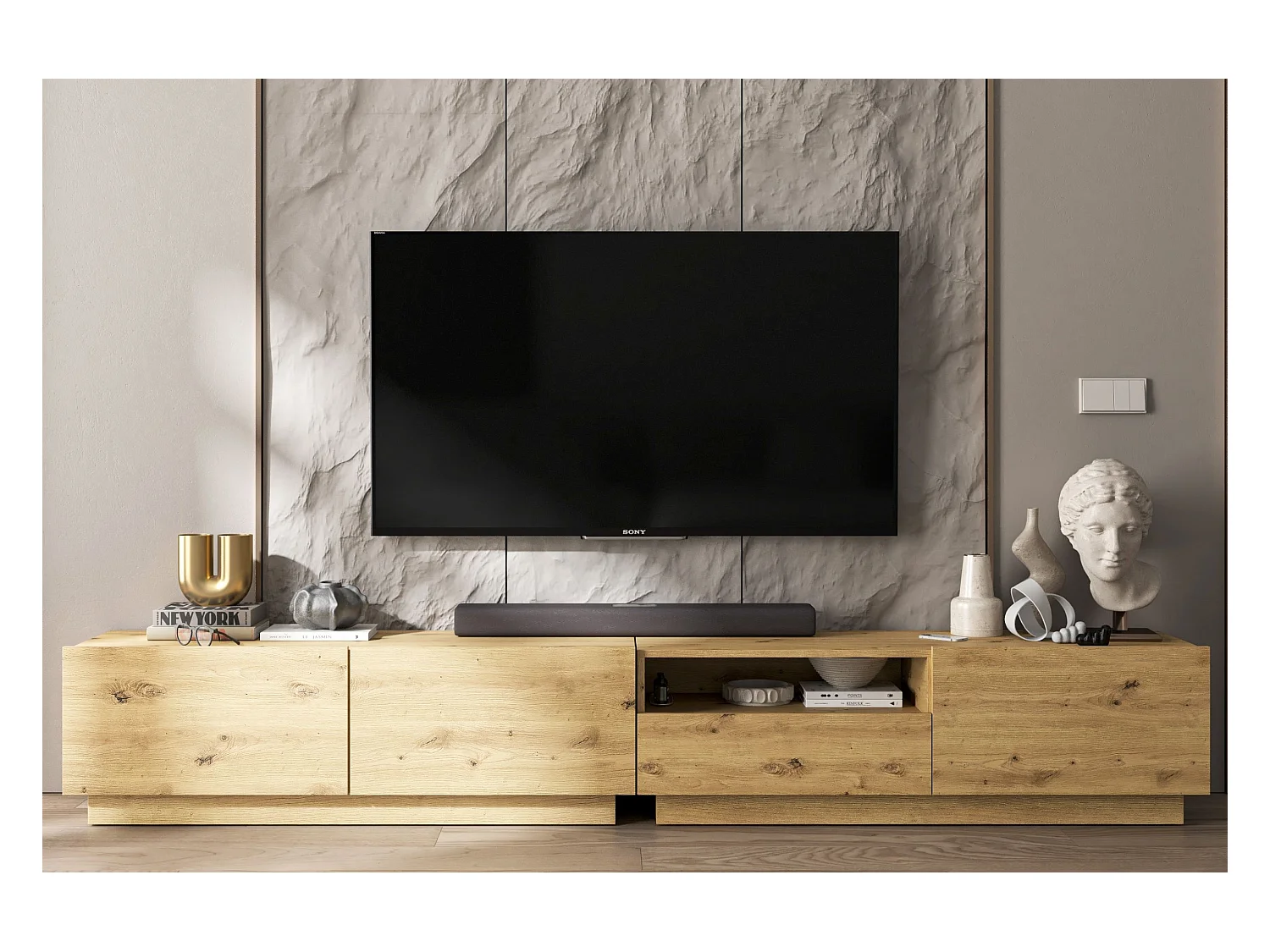 Meuble TV avec 3 portes et niche, tiroir - corps Artisan Chêne mat, façades Artisan Chêne mat - 240 cm, sur socle