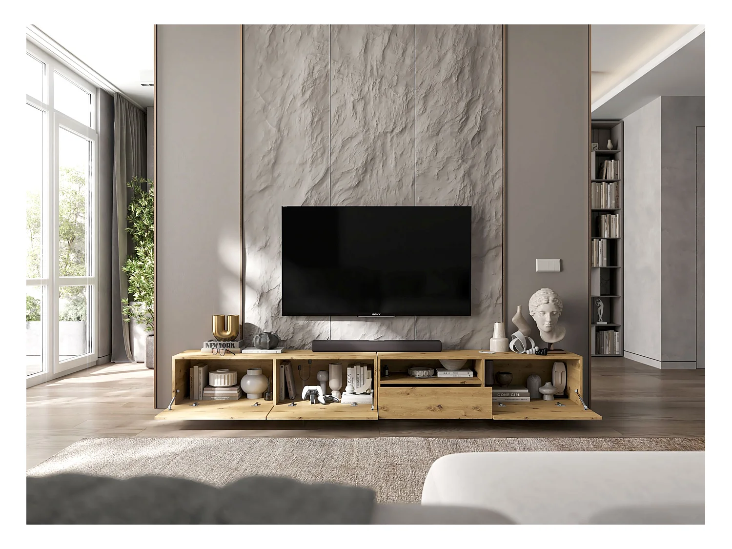 Meuble TV avec 3 portes et niche, tiroir - corps Artisan Chêne mat, façades Artisan Chêne mat - 240 cm, sur socle