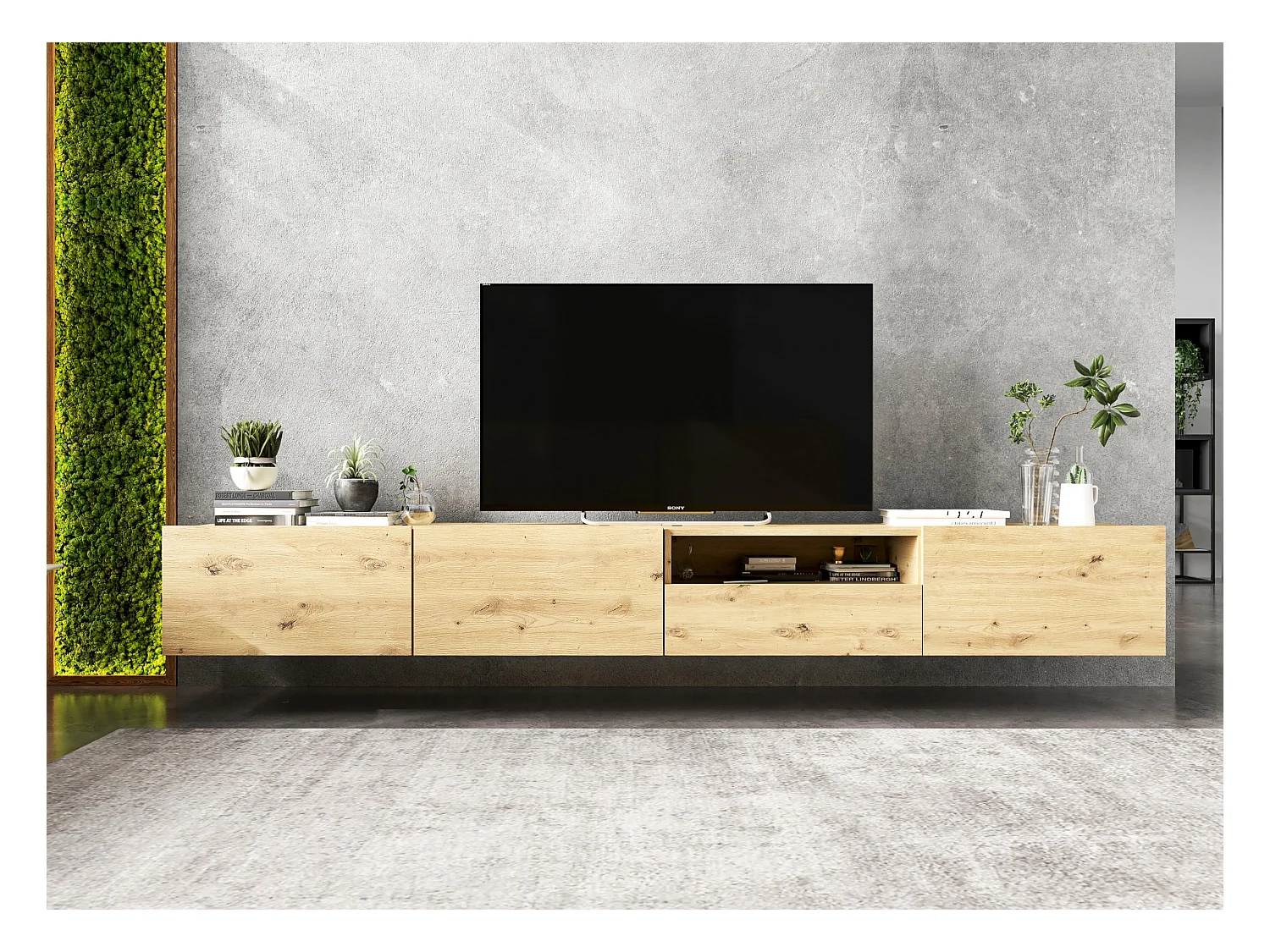 Meuble TV avec 3 portes et niche, tiroir - corps Artisan Chêne mat, façades Artisan Chêne mat - 240 cm, sur socle