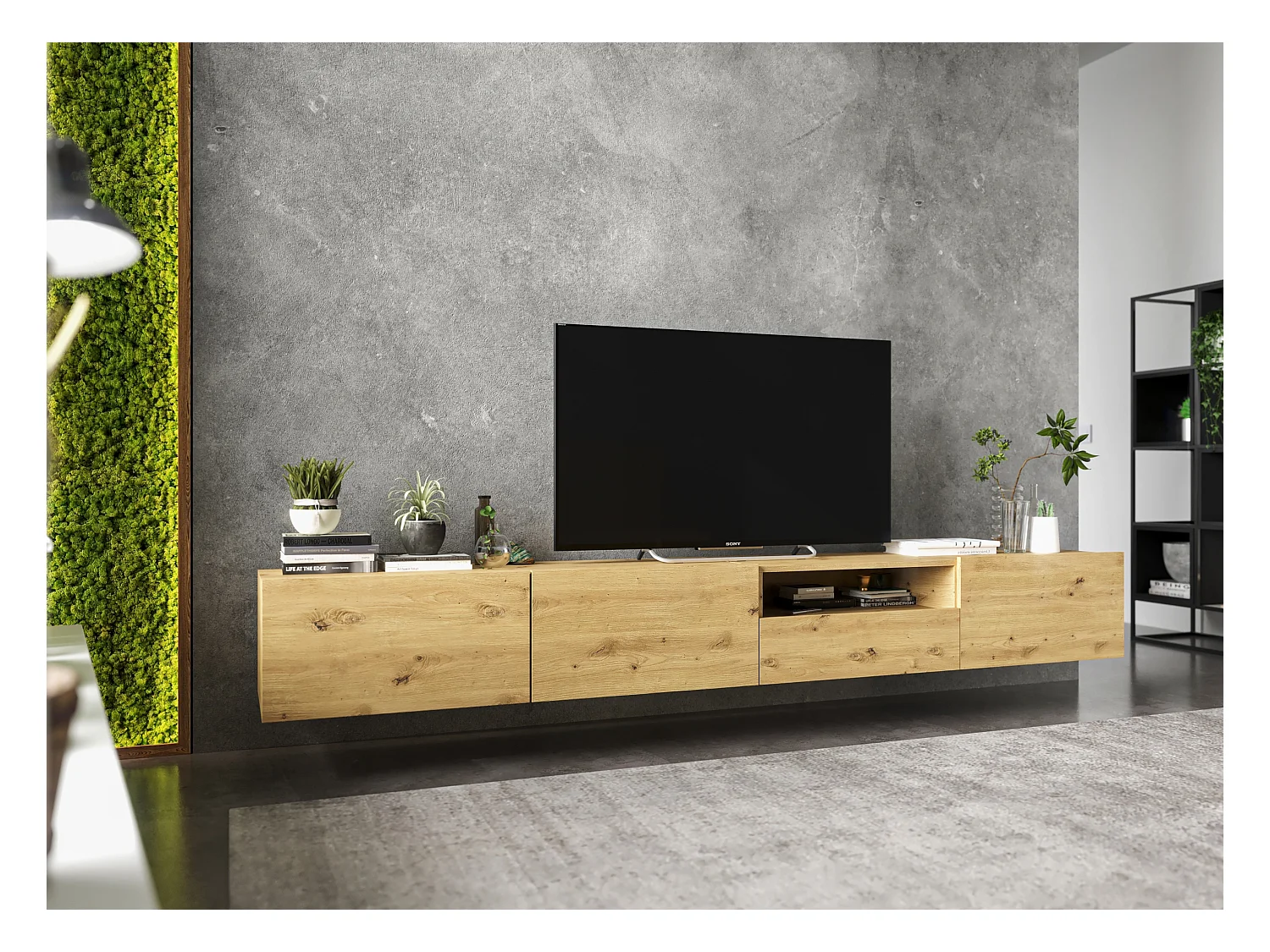 Meuble TV avec 3 portes et niche, tiroir - corps Artisan Chêne mat, façades Artisan Chêne mat - 240 cm, sur socle