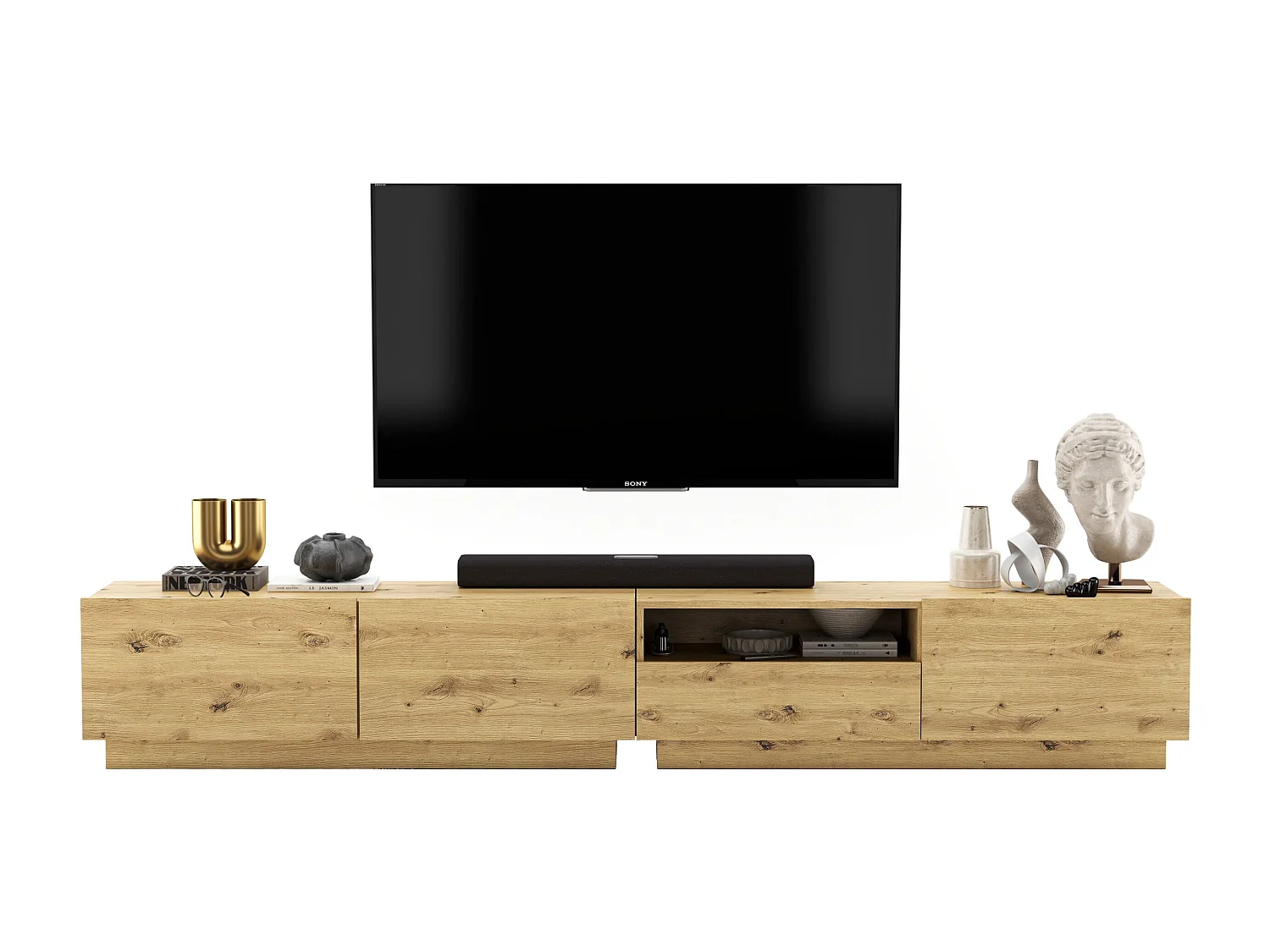 Meuble TV avec 3 portes et niche, tiroir - corps Artisan Chêne mat, façades Artisan Chêne mat - 240 cm, sur socle