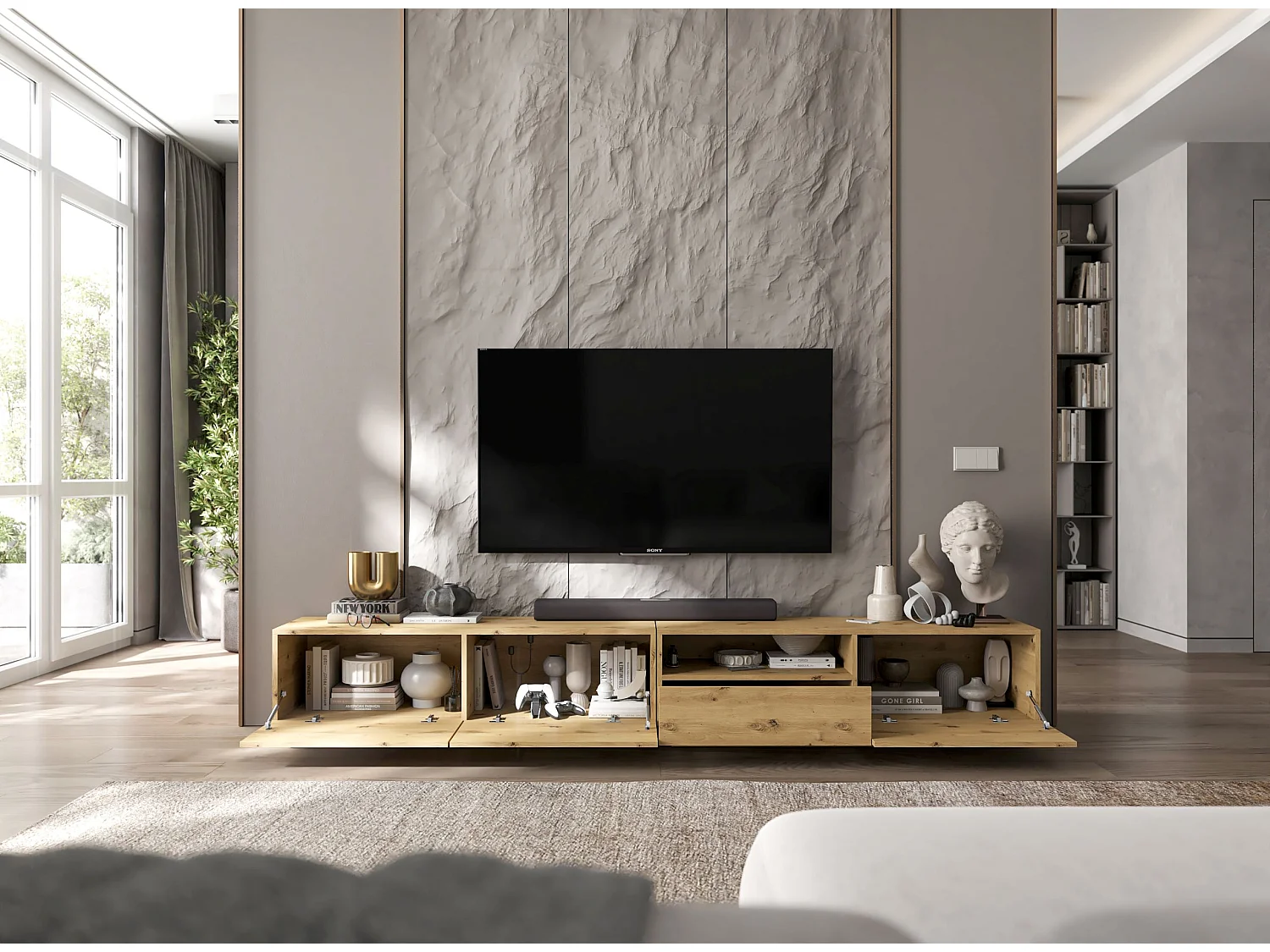 Meuble TV avec 3 portes et niche, tiroir - corps Artisan Chêne mat, façades Artisan Chêne mat - 240 cm, sur socle