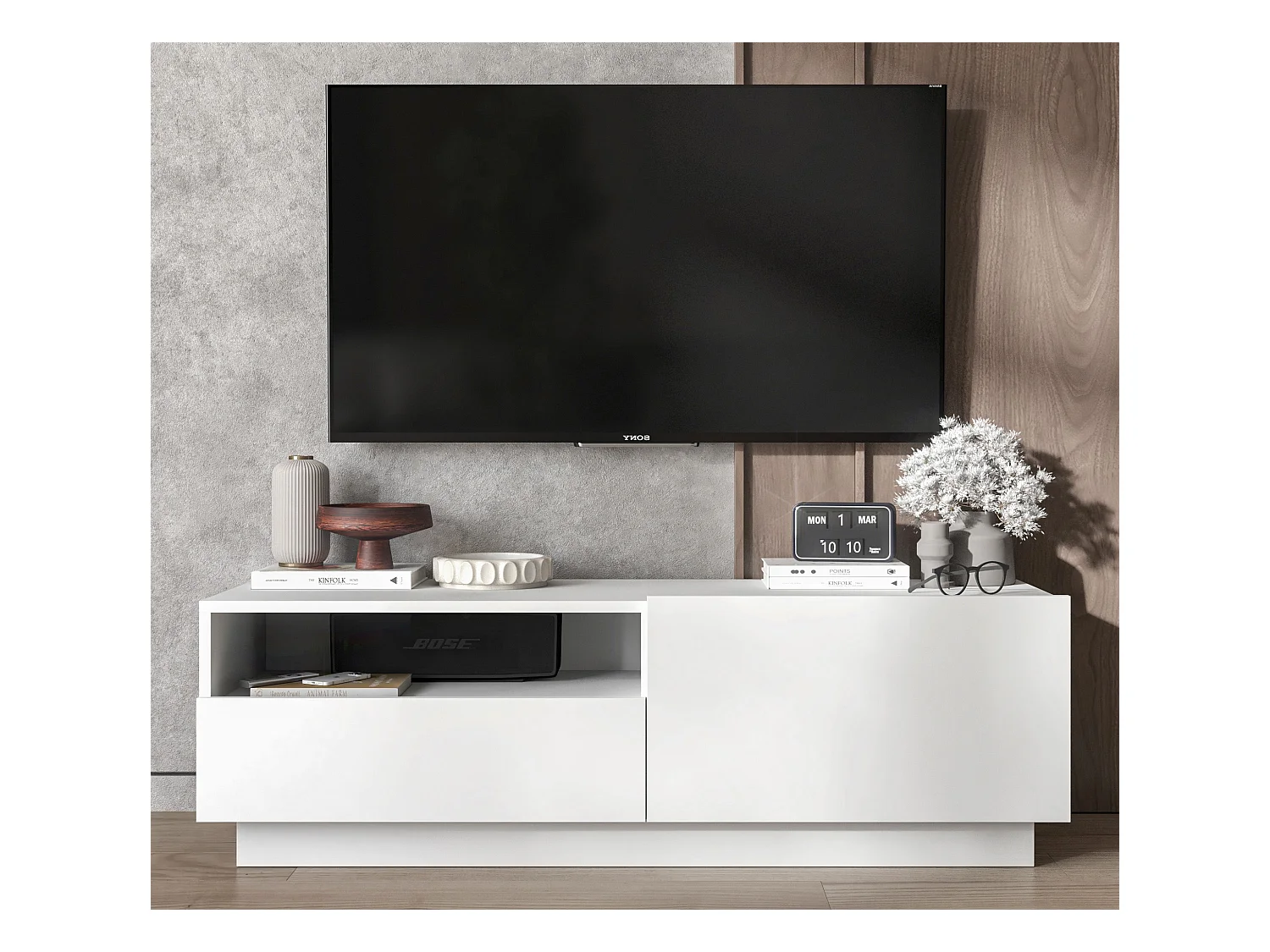 Meuble TV avec 1 portes et niche, tiroir - corps Blanc mat, façades Blanc mat - 120 cm, sur socle