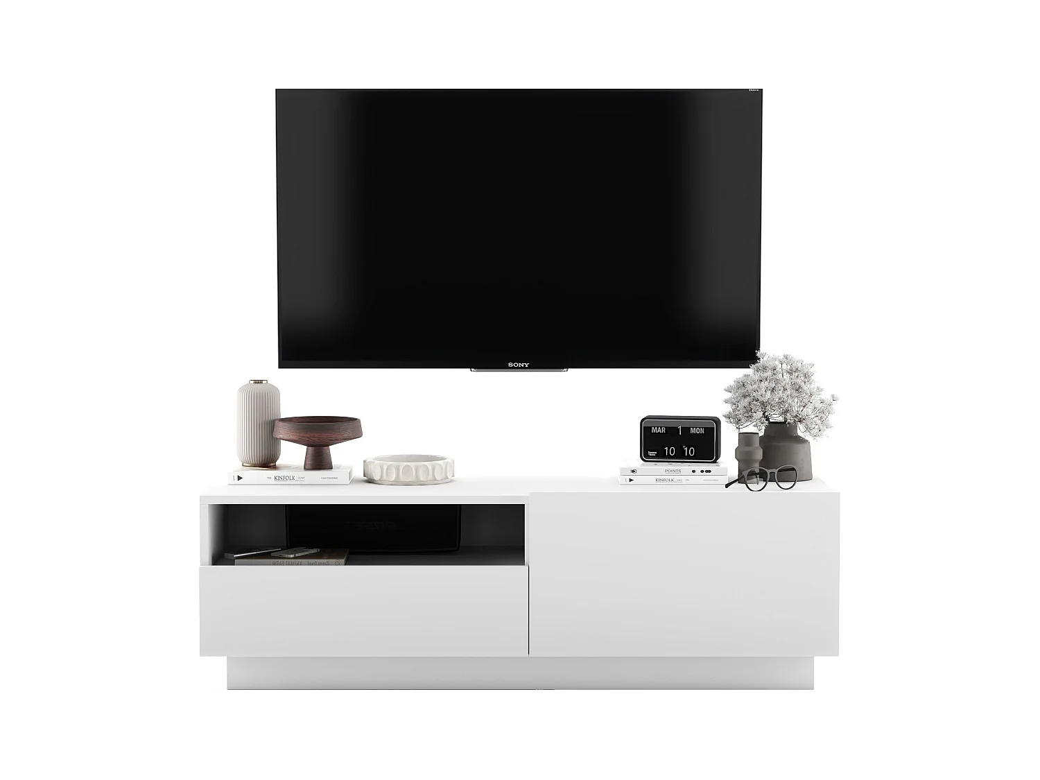 Meuble TV avec 1 portes et niche, tiroir - corps Blanc mat, façades Blanc mat - 120 cm, sur socle