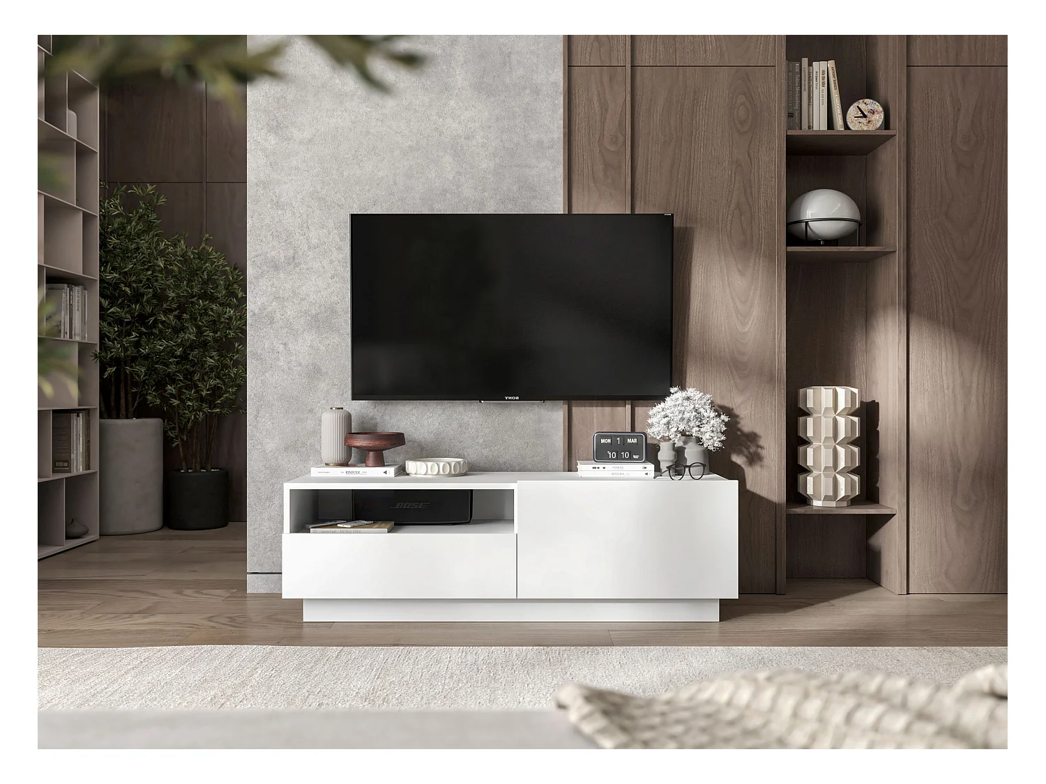 Meuble TV avec 1 portes et niche, tiroir - corps Blanc mat, façades Blanc mat - 120 cm, sur socle