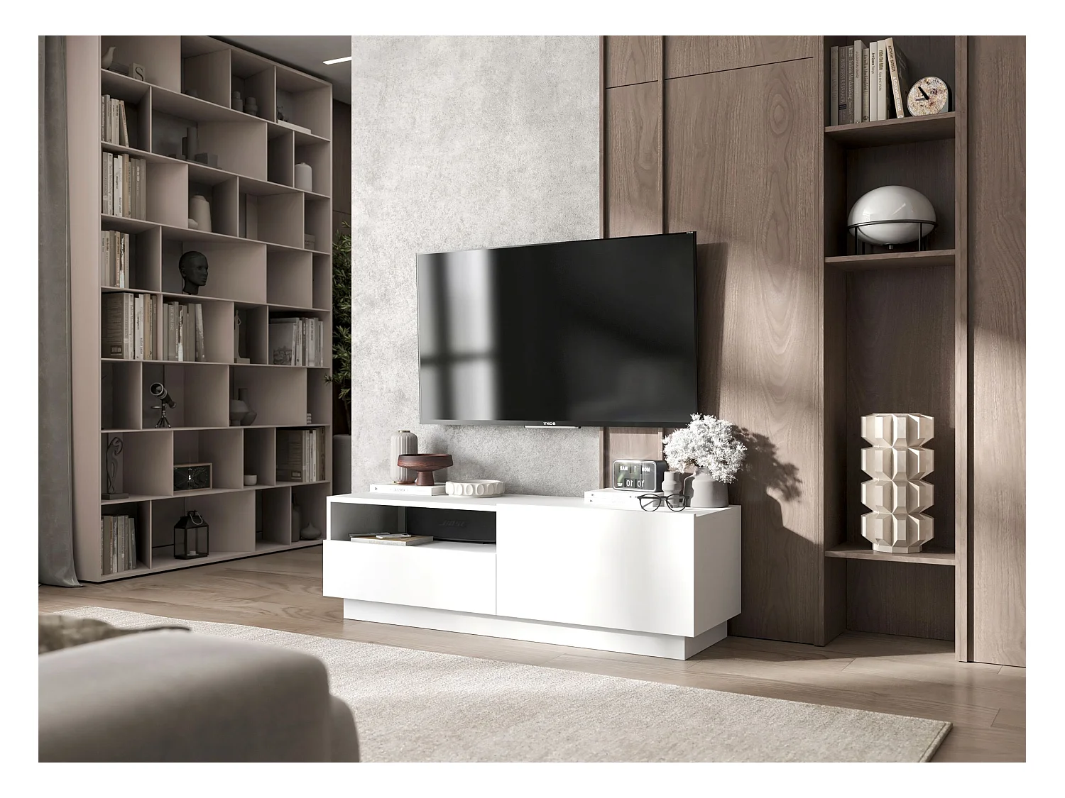 Meuble TV avec 1 portes et niche, tiroir - corps Blanc mat, façades Blanc mat - 120 cm, sur socle