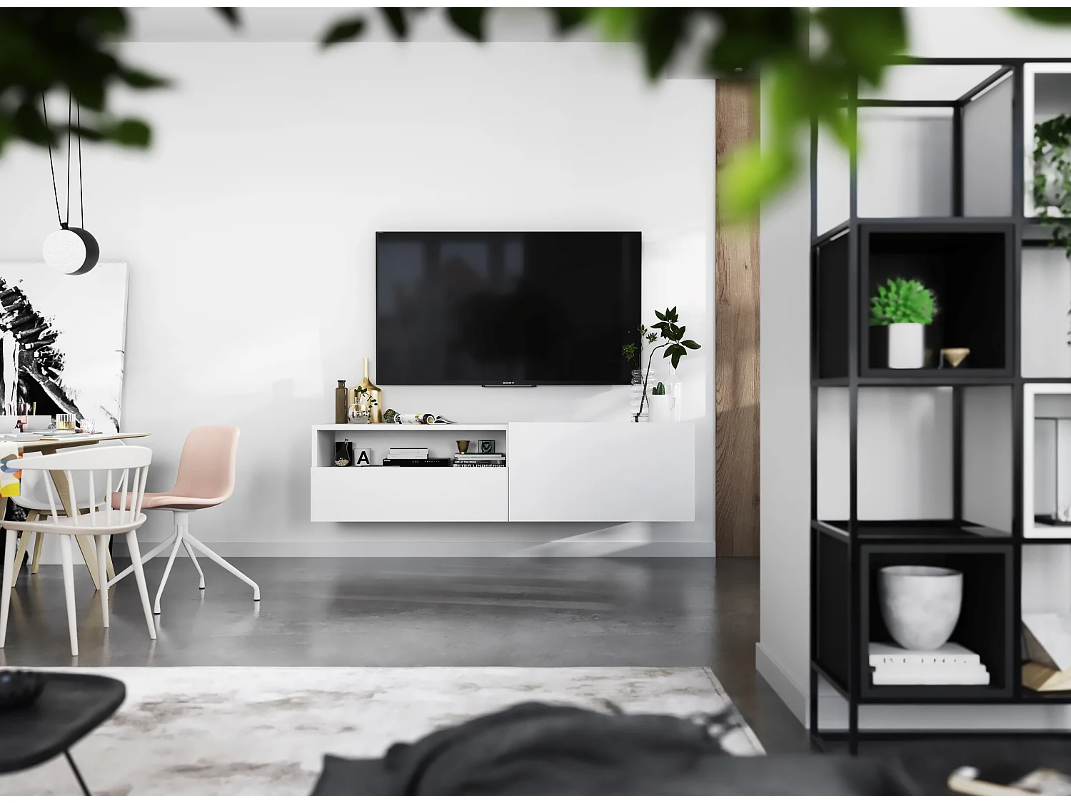 Meuble TV avec 1 portes et niche, tiroir - corps Blanc mat, façades Blanc mat - 120 cm, sur socle