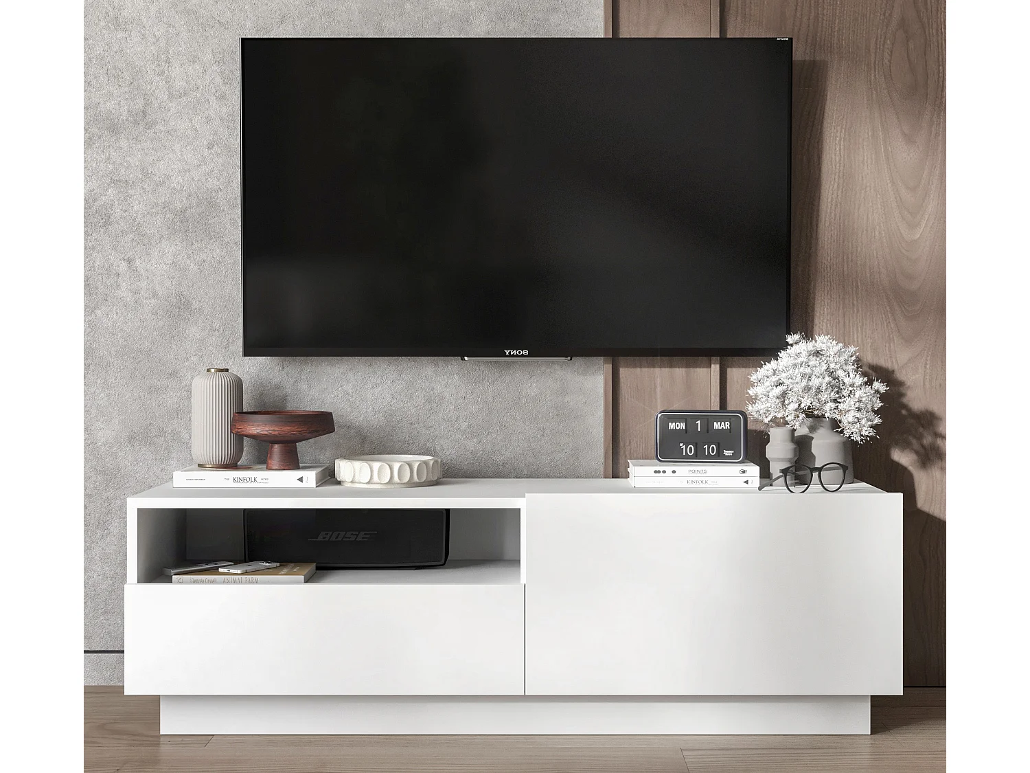 Meuble TV avec 1 portes et niche, tiroir - corps Blanc mat, façades Blanc mat - 120 cm, sur socle