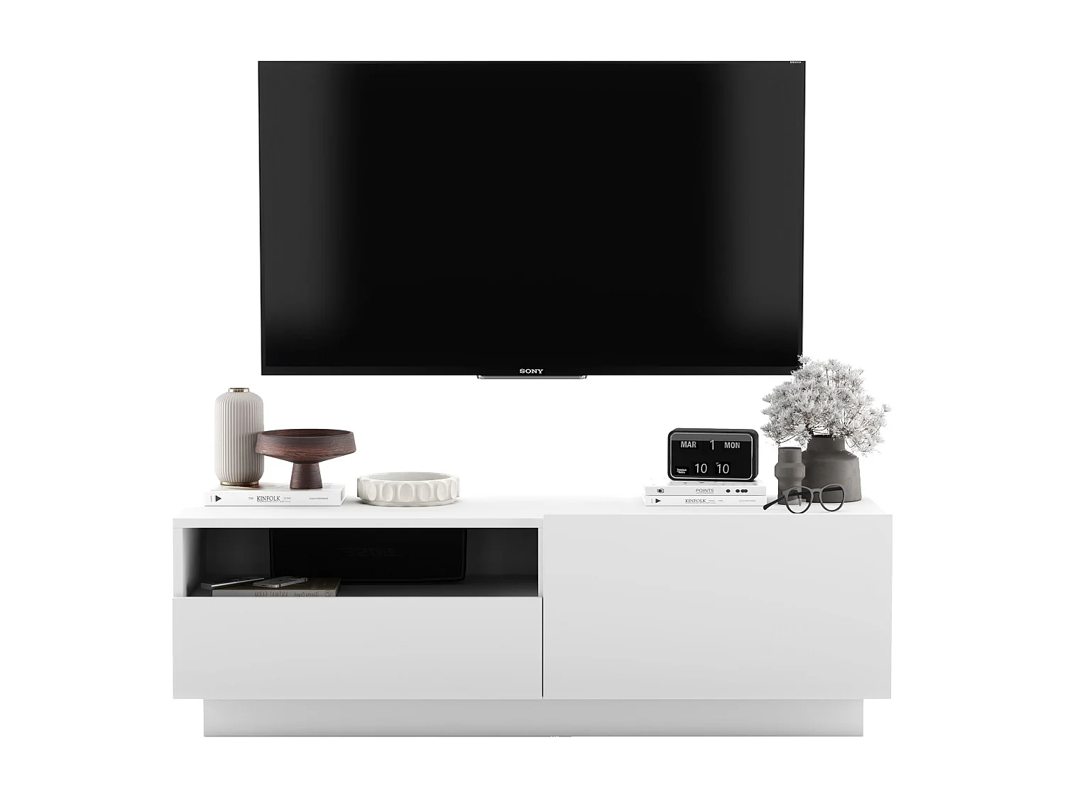 Meuble TV avec 1 portes et niche, tiroir - corps Blanc mat, façades Blanc mat - 120 cm, sur socle
