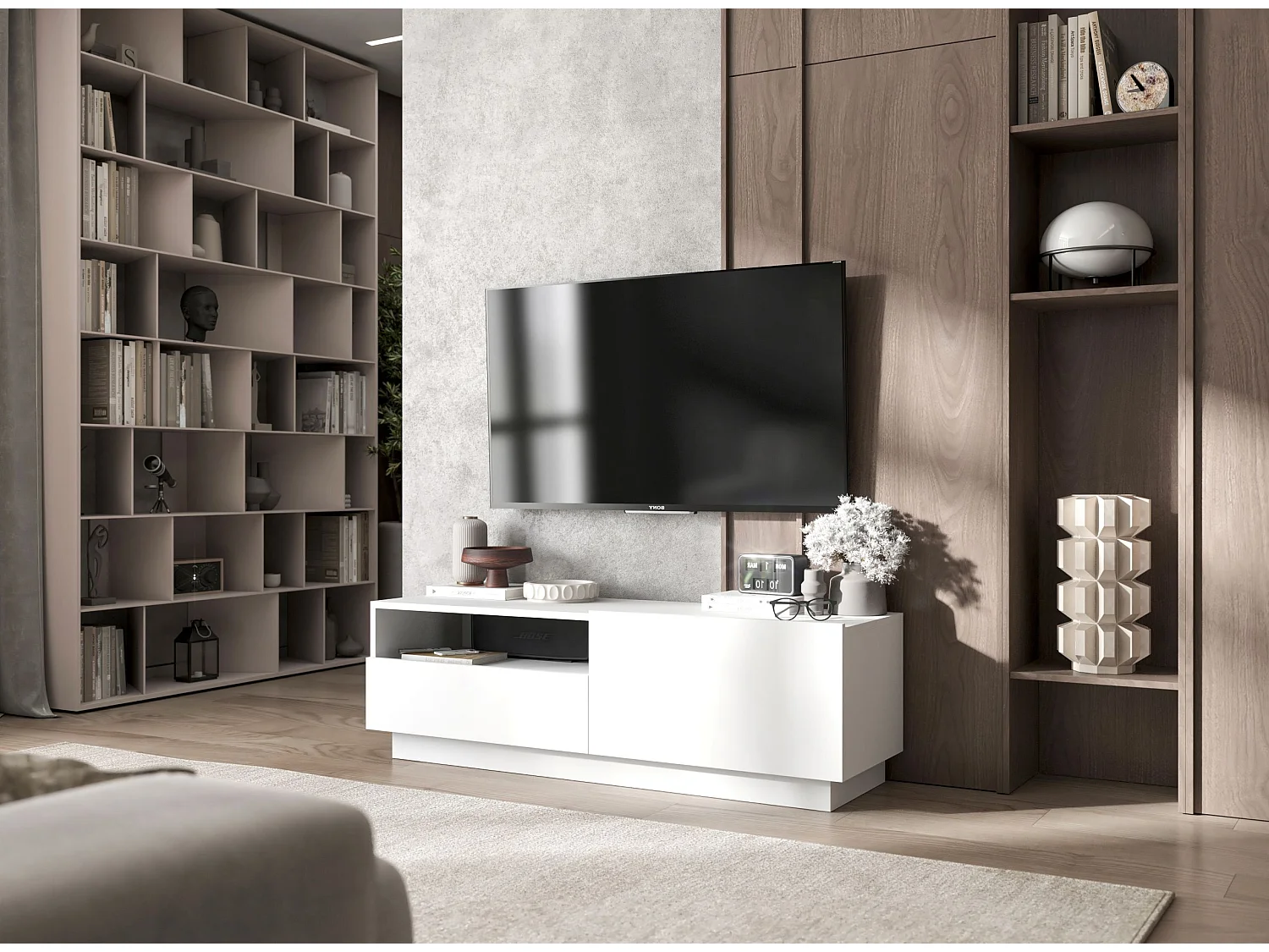 Meuble TV avec 1 portes et niche, tiroir - corps Blanc mat, façades Blanc mat - 120 cm, sur socle