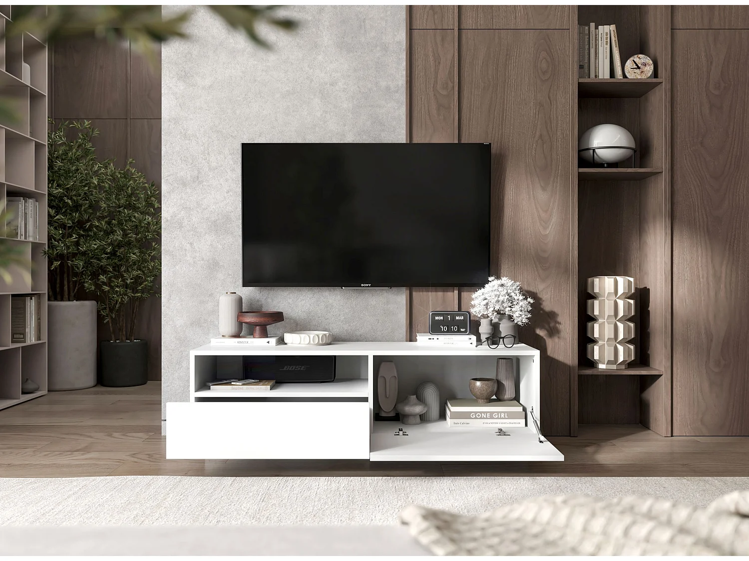Meuble TV avec 1 portes et niche, tiroir - corps Blanc mat, façades Blanc mat - 120 cm, sur socle
