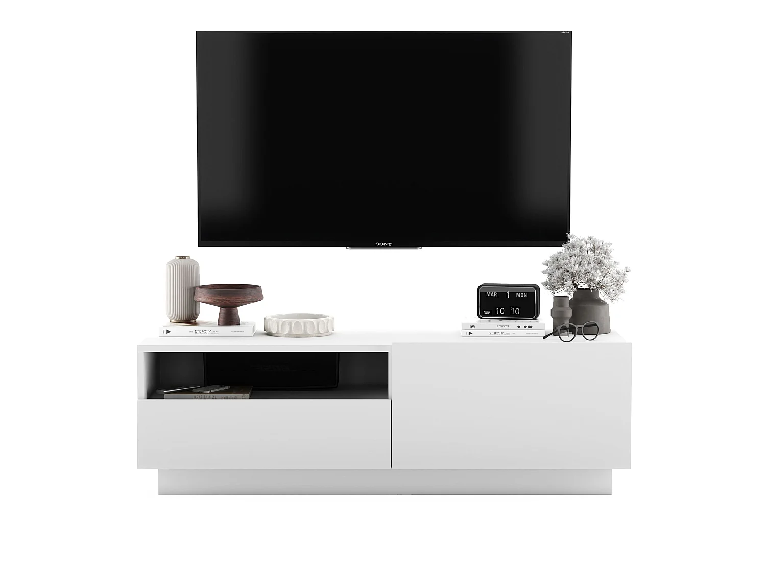 Móvel de TV com 1 porta e nicho, gaveta - corpo branco mate, frentes branco mate - 120 cm, com base