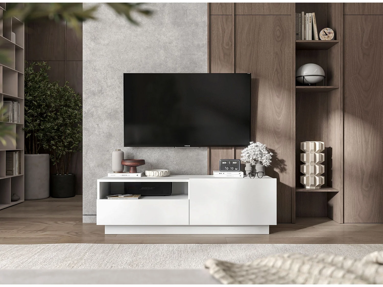 Móvel de TV com 1 porta e nicho, gaveta - corpo branco mate, frentes branco mate - 120 cm, com base