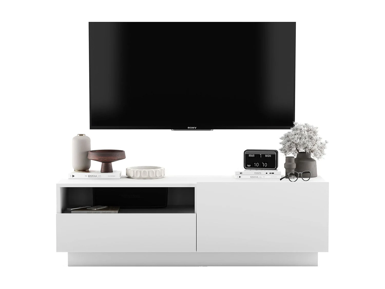 TV-meubel met 1 deur en open vak, lade - корпус wit mat, fronten wit mat - 120 cm, op onderstel