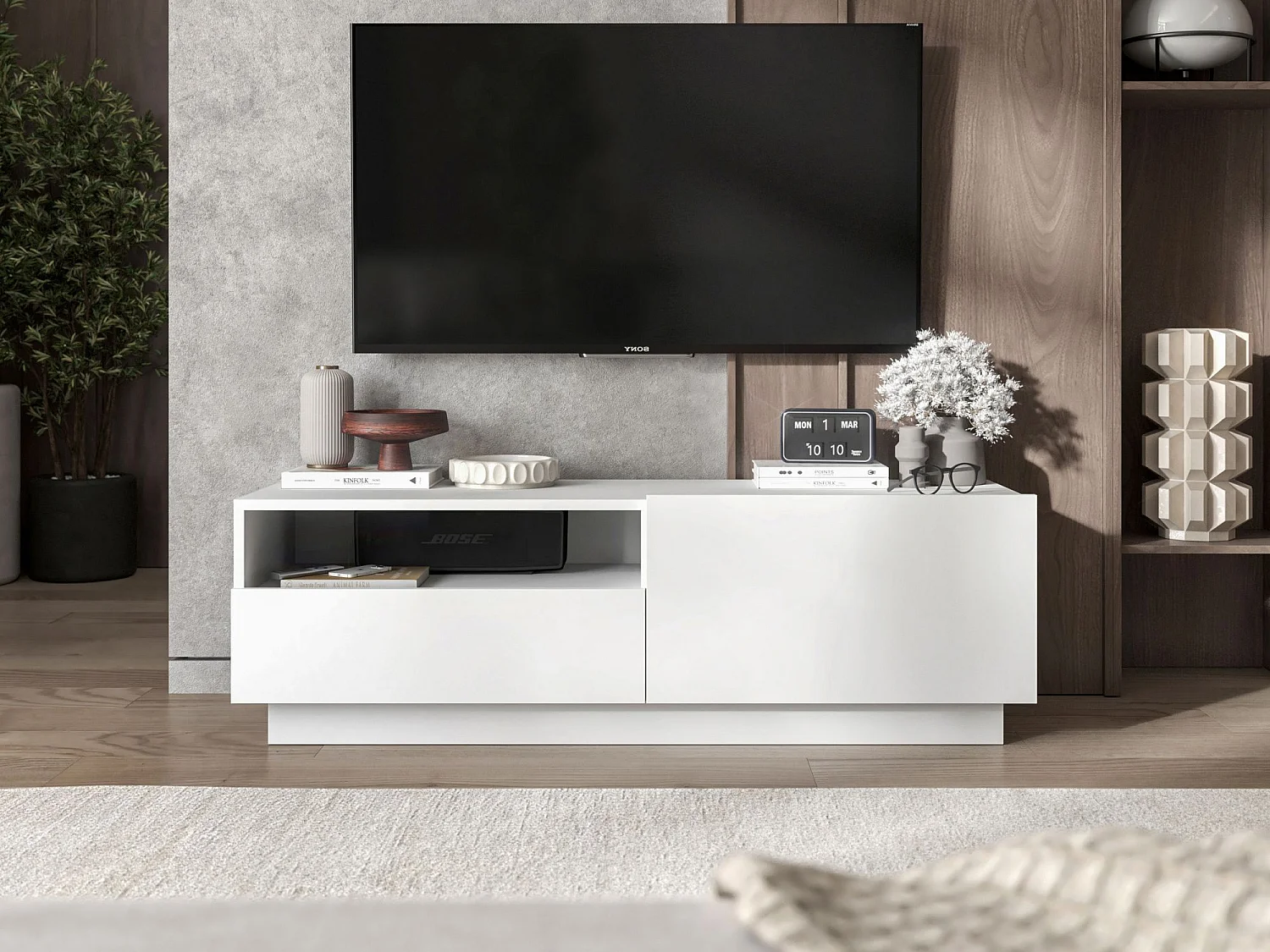 TV-meubel met 1 deur en open vak, lade - корпус wit mat, fronten wit mat - 120 cm, op onderstel
