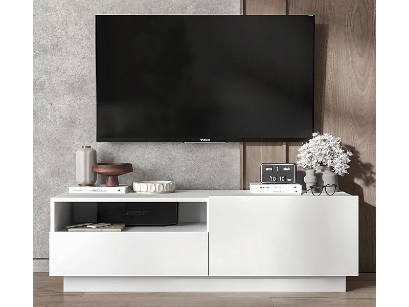 Meuble TV avec 1 portes et niche, tiroir - corps Blanc mat, façades Blanc mat - 120 cm, sur socle