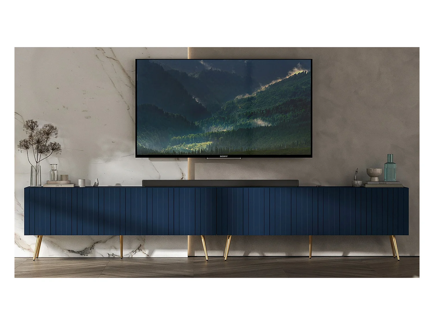 Meuble TV avec 8 portes - Corps bleu marine mat, façades rainurées bleu marine mat - 300 cm, pieds dorés