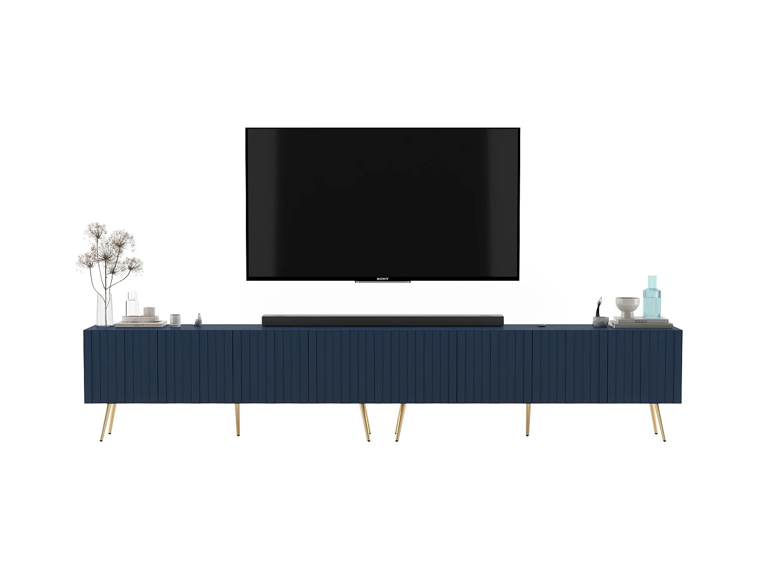 Meuble TV avec 8 portes - Corps bleu marine mat, façades rainurées bleu marine mat - 300 cm, pieds dorés