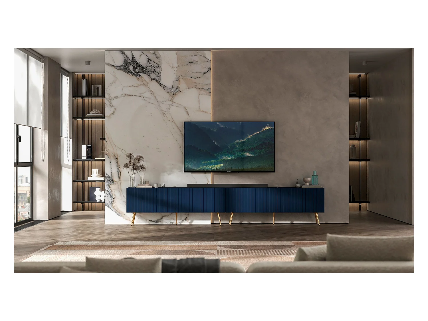 Meuble TV avec 8 portes - Corps bleu marine mat, façades rainurées bleu marine mat - 300 cm, pieds dorés