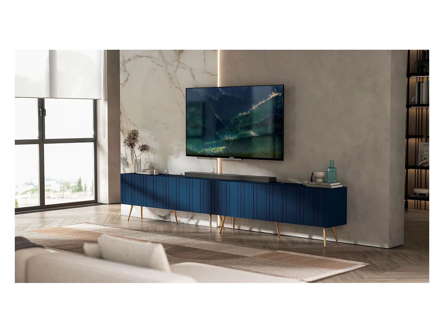 Meuble TV avec 8 portes - Corps bleu marine mat, façades rainurées bleu marine mat - 300 cm, pieds dorés