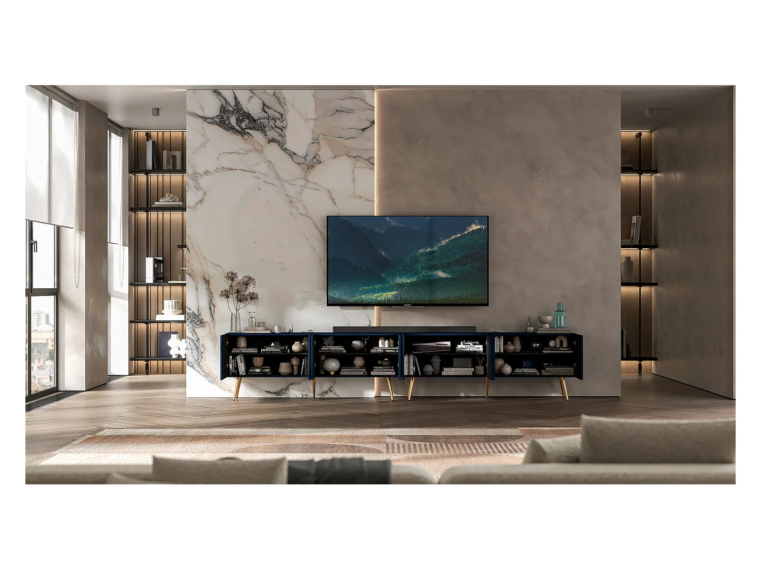 Meuble TV avec 8 portes - Corps bleu marine mat, façades rainurées bleu marine mat - 300 cm, pieds dorés