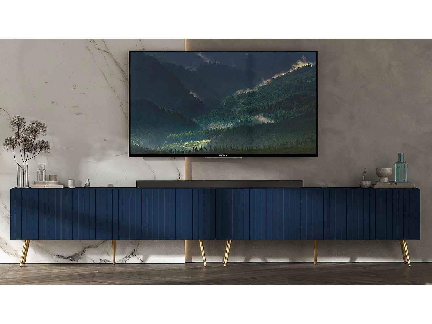 Meuble TV avec 8 portes - Corps bleu marine mat, façades rainurées bleu marine mat - 300 cm, pieds dorés