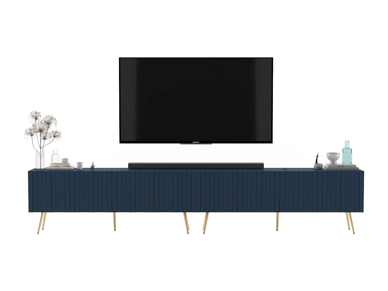 Meuble TV avec 8 portes - Corps bleu marine mat, façades rainurées bleu marine mat - 300 cm, pieds dorés